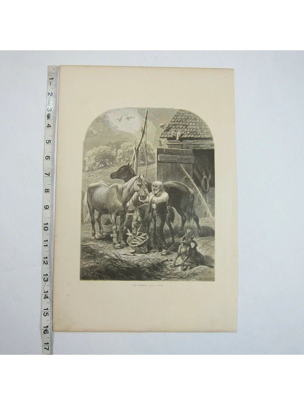Antique 1873 Wood Engraving Print Old Friends by John S. Davis, The Aldine, Farm
